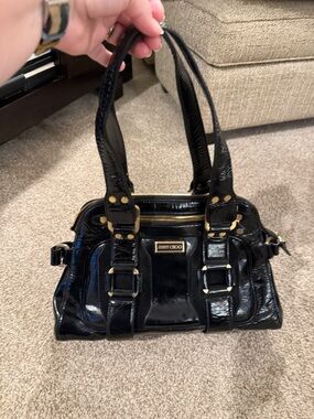 Black Patent Leather Double-Handle Shoulder Bag